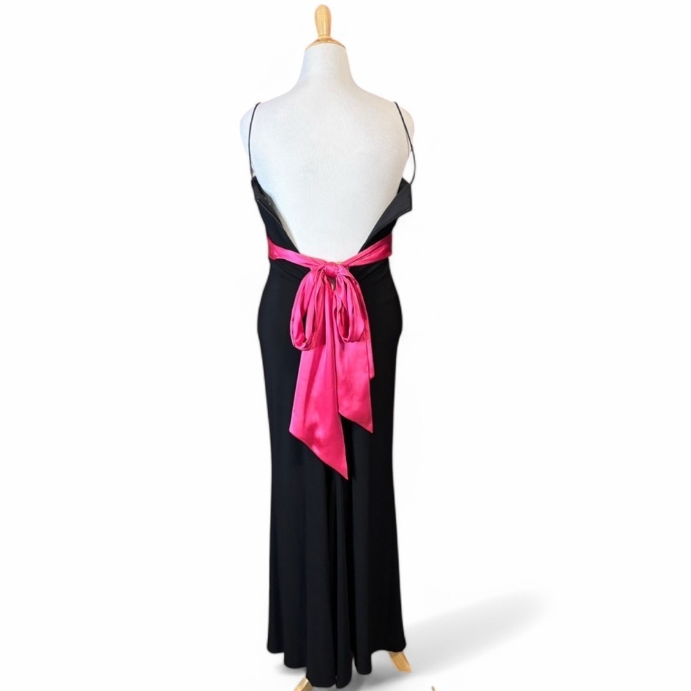 Y2K Dave & Johnny Prom Dress Sz 7/8 Black Pink Floral Embroidered Gown Bow - Picture 2 of 7
